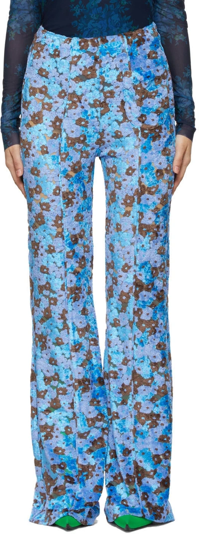 Acne Studios Floral-jacquard Flared-leg Textured Trousers In Blue/brown
