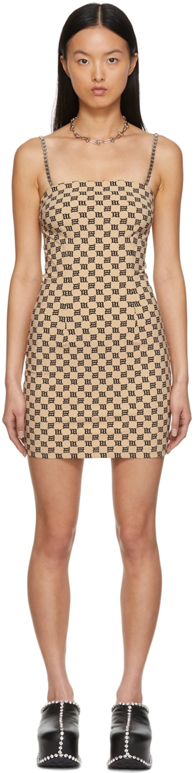 Misbhv Beige Monogram Spaghetti Short Dress In Brown