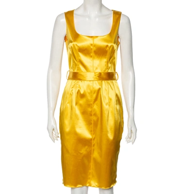 Pre-owned Dolce & Gabbana Yellow Satin Sleeveless Belted Dress S