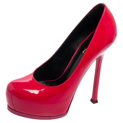 Pre-owned Saint Laurent Magenta Patent Leather Tribtoo Platform Pumps Size 38.5 In Pink