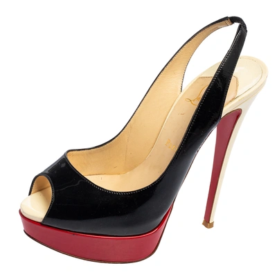 Pre-owned Christian Louboutin Black/red Patent Leather Slingback Lady Peep Toe Sandals Size 38.5