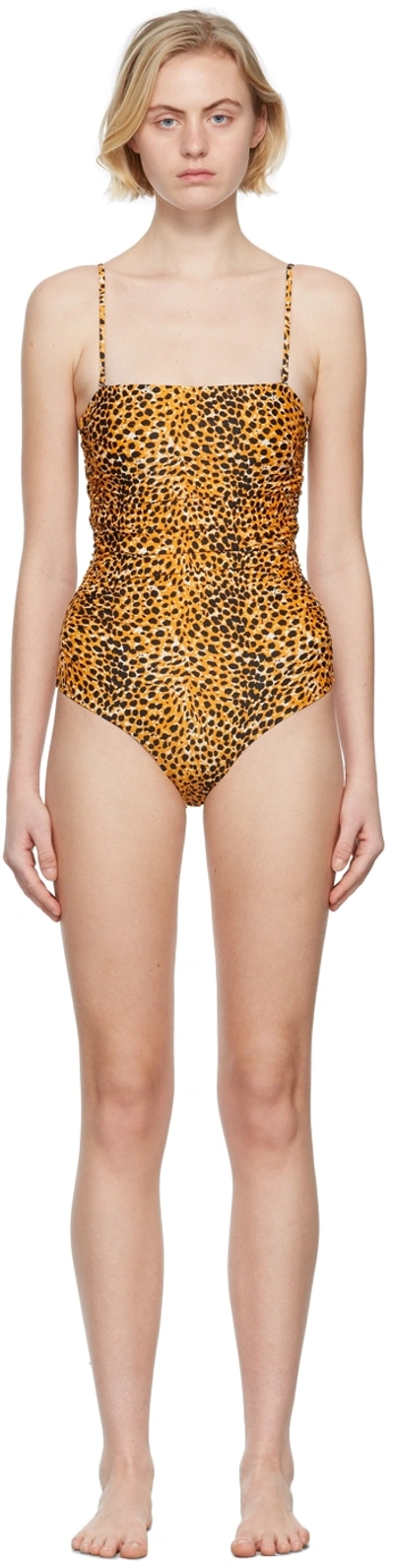 Ganni Ruched Cheetah-print Recycled Swimsuit In Yellow