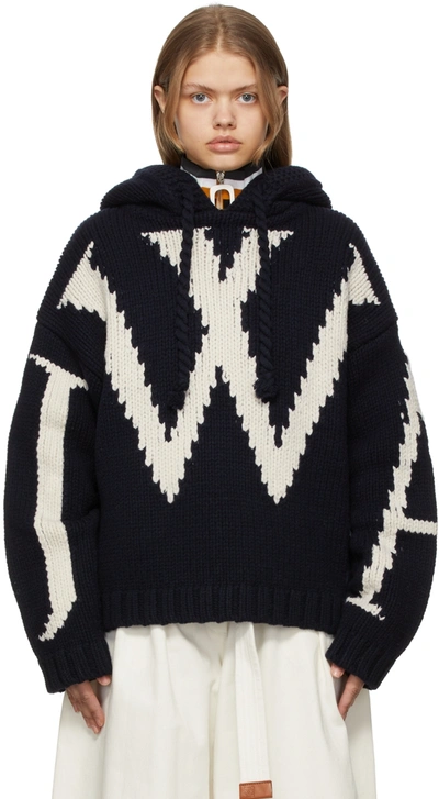Jw Anderson Navy Chunky Knit Logo Hoodie In Blue