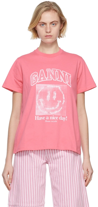 Ganni Smiley-print Cotton T-shirt In Pink
