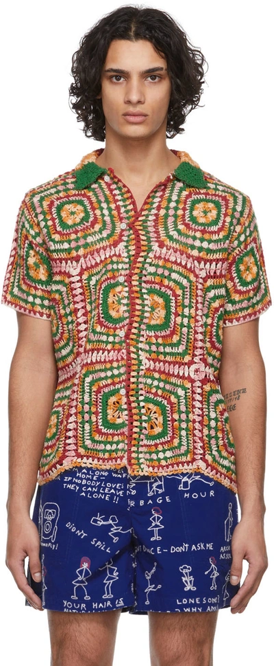 Bode Manchester Convertible-collar Crocheted Cotton Shirt In Red 