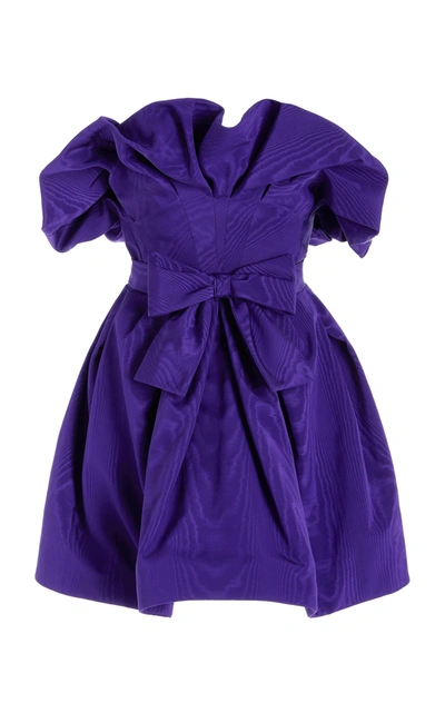 Oscar De La Renta Strapless Bow-embellished Cotton-blend Moire Mini Dress In Violet