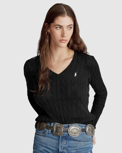 Polo Ralph Lauren Kimberly Cable Cotton V Neck Sweater In Polo Black