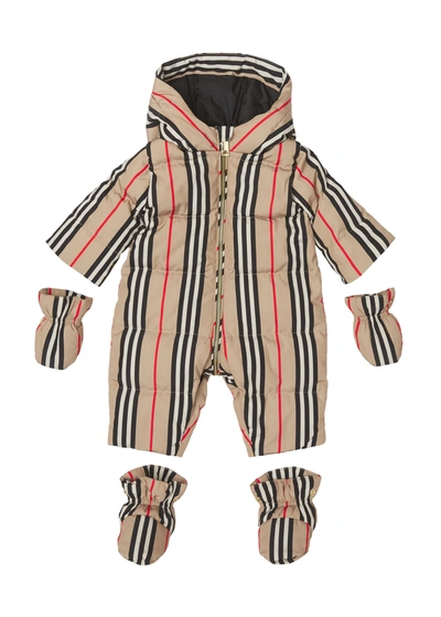 Burberry Kid's Hooded Icon Stripe Snowsuit In Archive Beige