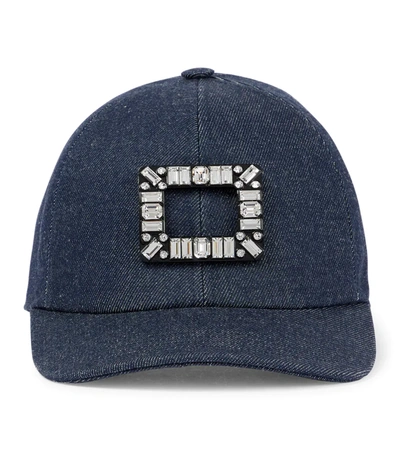 Roger Vivier Denim Baseball Hat W/ Crystal Buckle In Blue