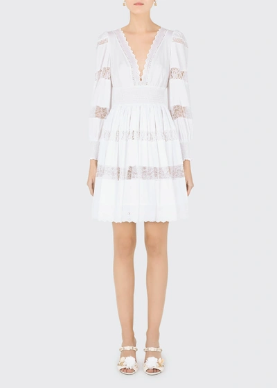 Dolce & Gabbana Lace Panel Smocked Fit-&-flare Dress In Opt White