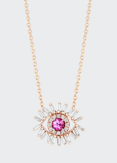 Suzanne Kalan 18k Rose Gold Mini Pink Sapphire Evil Eye Pendant Necklace With Diamonds