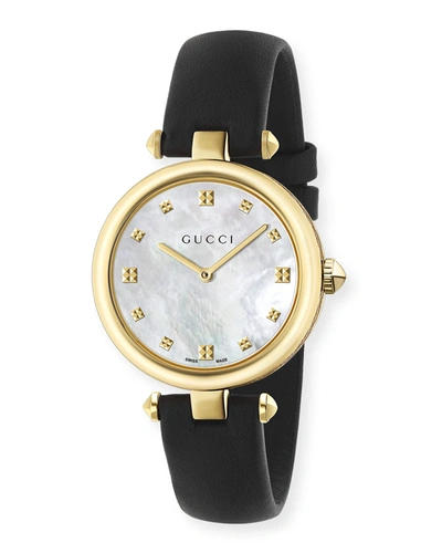 Gucci 32mm Diamantissima Watch W/ Leather Strap, Black/golden