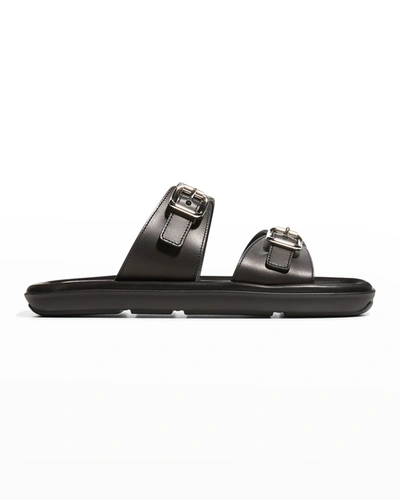 Prada Natural 20mm Double Buckle Slide Sandal With Metallic Soles In Nero