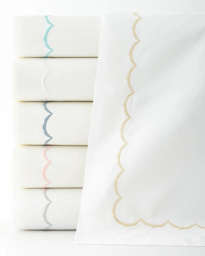 Matouk Twin Scallops Embroidered 350 Thread Count Flat Sheet In White/white