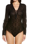 Coquette Long Sleeve Geo Lace Bodysuit In Black
