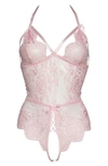 Coquette Open Gusset Lace Teddy In Pink