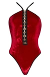 Coquette Strappy Back Velvet Teddy In Red