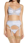 Coquette Gingham Underwire Bra, Garter Belt & G-string Set In Pink