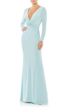 Mac Duggal Long Sleeve Ruched Jersey V-neck Gown In Blue