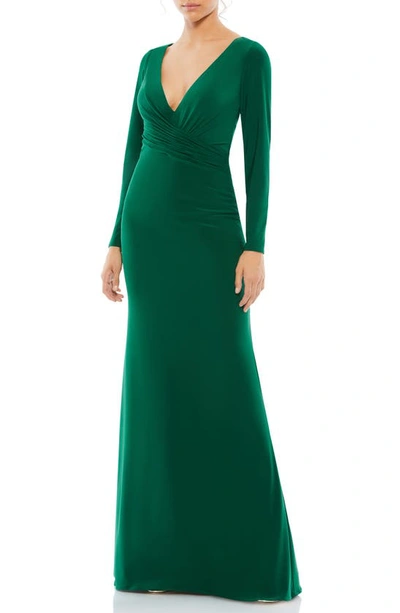 Mac Duggal Ieena Jersey Wrap A-line Gown In Emerald