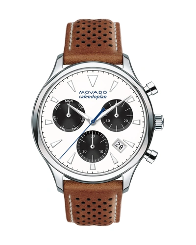Movado 43mm Heritage Calendoplan Chronograph Watch With Perforated Leather Strap