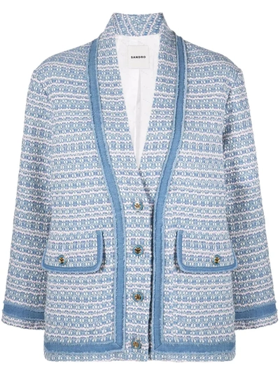 Sandro Amelia Tweed V-neck Jacket In Bleu/rose