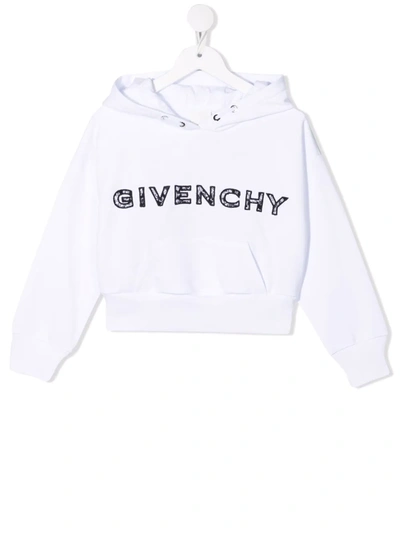 Givenchy Kids' Logo刺绣短款连帽衫 In White