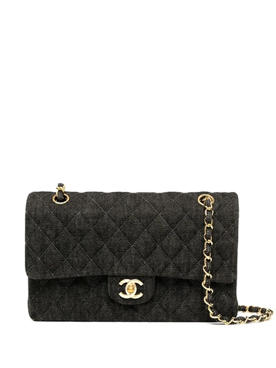Pre-owned Chanel 1998 Medium Double Flap Denim Shoulder Bag In Black