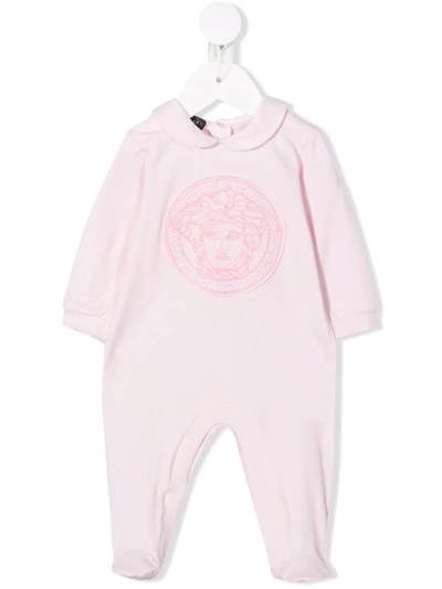 Versace Logo Embroidered Babygrow In Pink