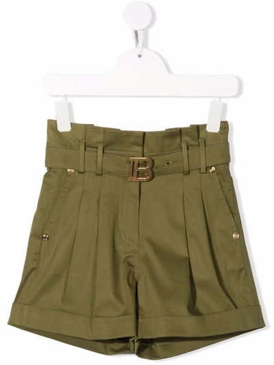 Balmain Kids' Military Green High-waisted Shorts In Verde