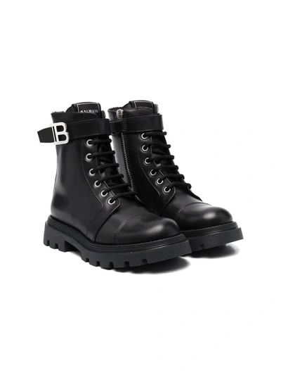 Balmain Kids Leather B Buckle Boots In Back