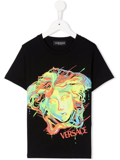 Versace Kids' Boy's Paint-drip Medusa Logo Tee In Black Multicolor
