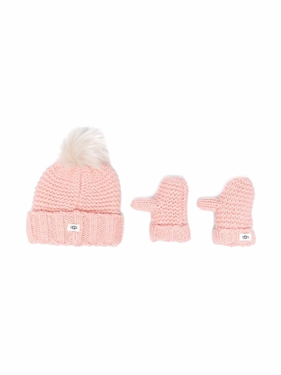 Ugg Babies' Chunky Knit Beanie And Mittens Set In Pink