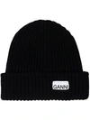 Ganni Black Recycled Rib Knit Beanie