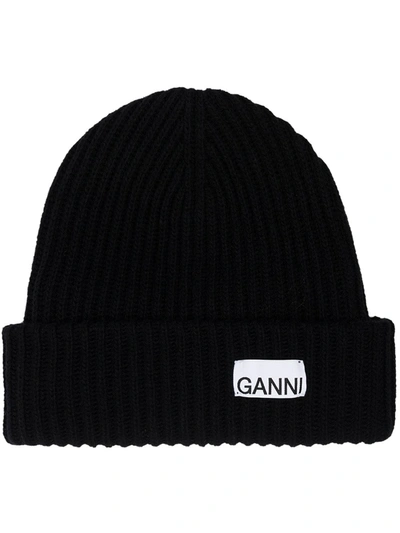 Ganni Womens Black Logo-patch Wool-blend Beanie Hat