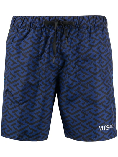 Versace La Greca Gym Shorts, Male, Blue+black, Xxxl In 6u690 Blue