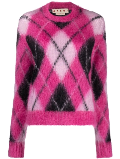Marni Diamond-print Knitted Jumper In Fuchsia,pink,black