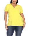 White Mark Plus Size Keyhole Neck Cutout Short Sleeve Top In Yellow