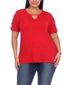 White Mark Plus Size Keyhole Neck Cutout Short Sleeve Top In Red