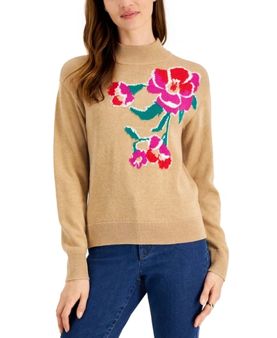Charter Club Floral Mock Neck Sweater, Created For Macy's In Warm Camel Heather Combo