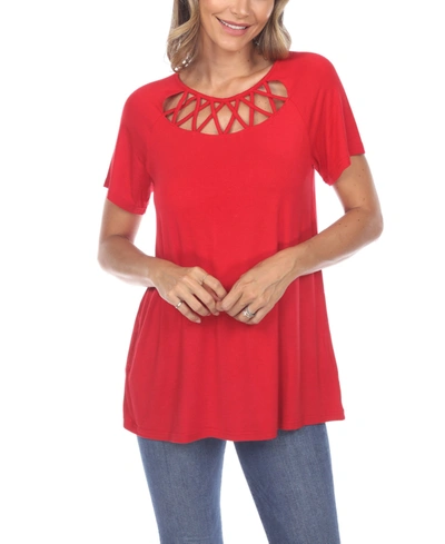 White Mark Women's Crisscross Cutout Short Sleeve Top In Red