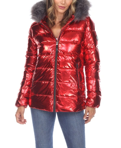 White Mark Women's Metallic Puffer Coat With Hoodie In Red