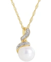 MACY'S CULTURED FRESHWATER PEARL (7MM) & DIAMOND ACCENT SWIRL PENDANT NECKLACE IN 14K GOLD, 16" + 2" EXTEND