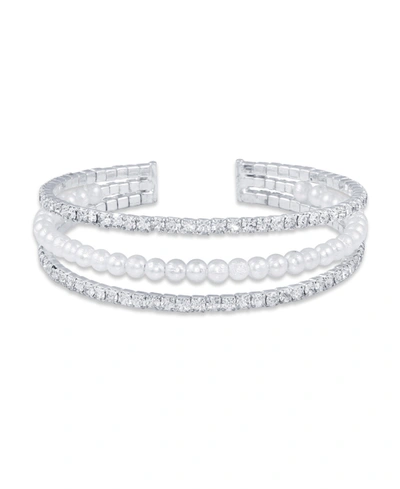 Macy's 3 Row Crystals With Imitation Pearl Coil Cuff Bracelet In White