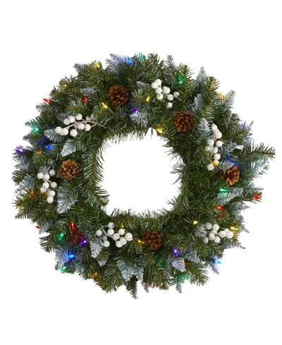 Nearly Natural Snow Tipped Artificial Christmas Wreath With 50 Led Lights, Berries And Pine Cones In Green