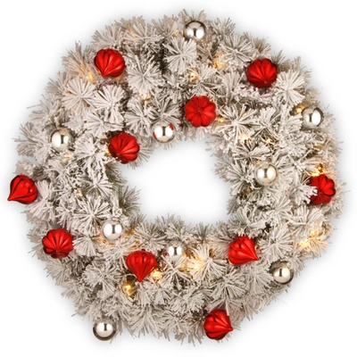 National Tree Company 30" Snowy Bristle Pine Wreaths With Red & Silver Ornaments & 70 Warm White Battery Operated Led Ligh