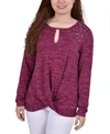 Ny Collection Petite Long Sleeve Knit Keyhole Top In Burgundy