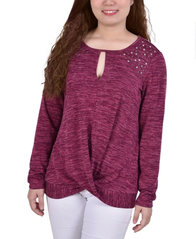 Ny Collection Petite Long Sleeve Knit Keyhole Top In Burgundy