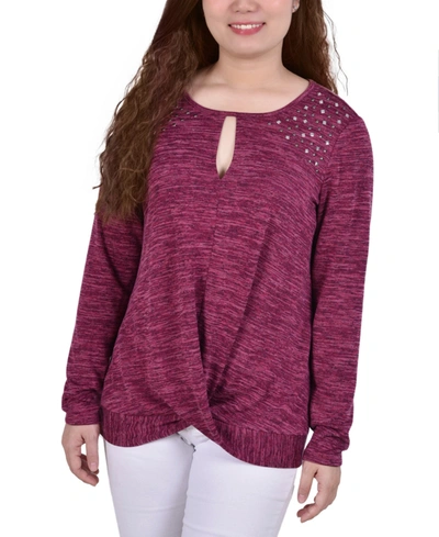 Ny Collection Petite Long Sleeve Knit Keyhole Top In Red