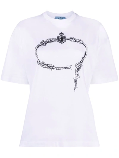 Prada Rope-print Cotton T-shirt In White